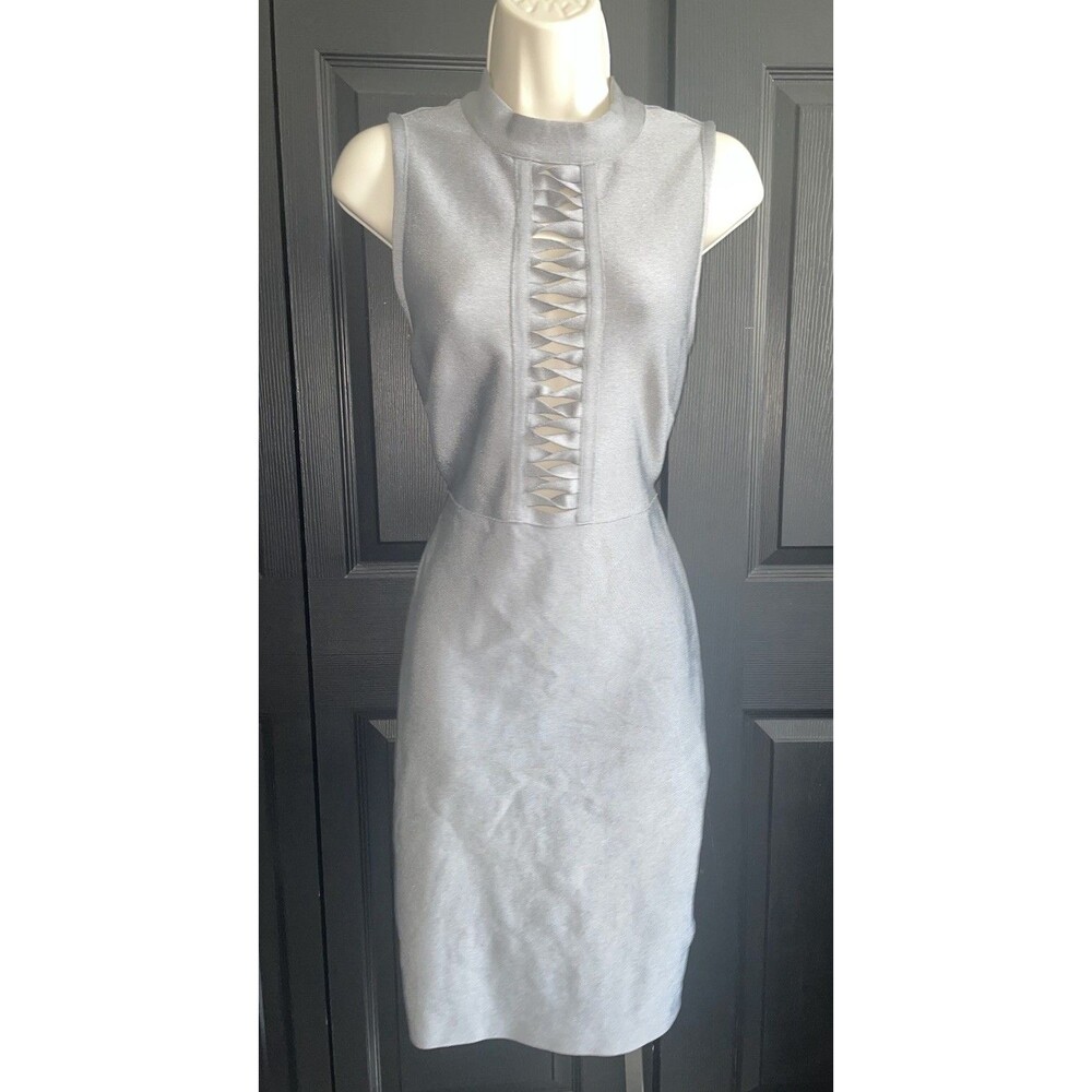 VENUS Silver Gunmetal Bandage Bodycon Dress M Mock Neck Lattice Cutout Party